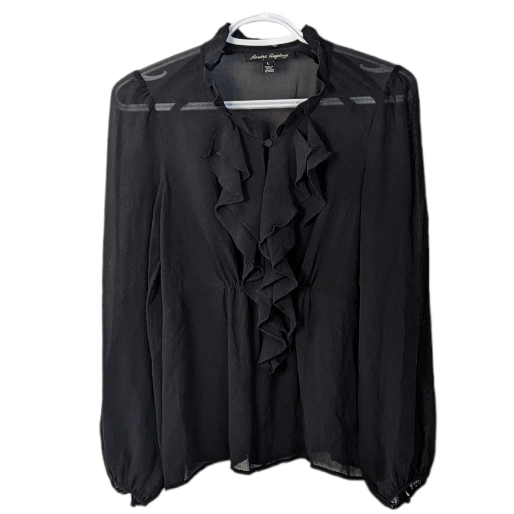 Sandra Angelozzi ruffle front chifon blouse black Large @z